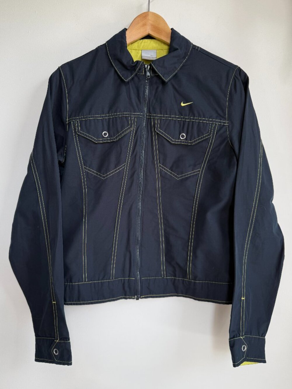 Vtg Nike Womens Jacket Navy Blue/Neon Yellow "Jean" Style Zip Sz M